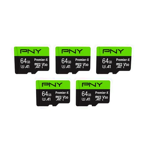 PNY 64GB Premier-X Class 10 U3 V30 microSDXC Flash Memory Card 5-Pack - 100MB/s, Class 10, U3, V30, A1, 4K UHD, Full HD, UHS-I, Micro SD