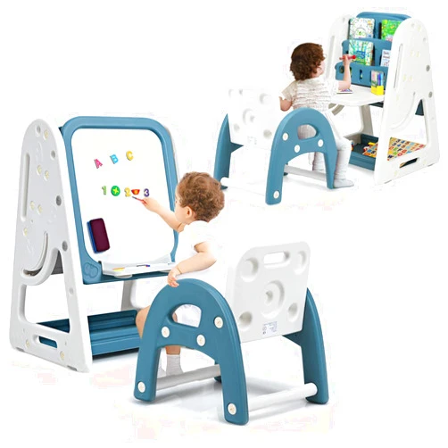 Costzon Kids Art Easel with Stool, 3 in 1 Double-Sided Magnetic Dry Erase Board and Kids Book Rack with Foldable Desktop, Adjustable Standing Easel with Letters and Number Magnets (Blue)