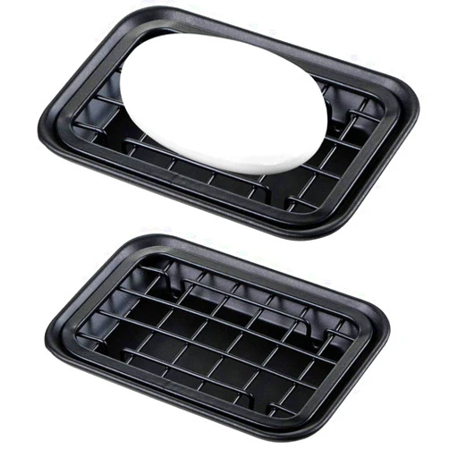 SheeChung Kitchen and Bathroom Soap Dish Tray - Metal 2-Piece Soap Dish Tray with Drainage Grid and Holder for Kitchen Sink Countertops to Store Soap, Sponges, Scrubbers - Rust Resistant - 2 Pack (Black)