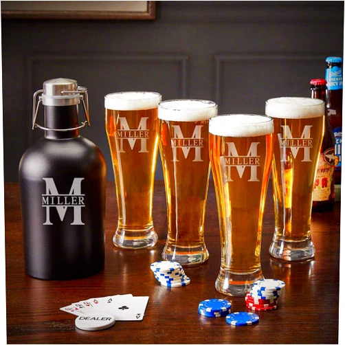 HomeWetBar Custom Beer Growler with Pilsner Glasses - Oakmont Design