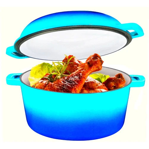 Bruntmor 2-in-1 Enamel Cast Iron Dutch Oven With Handles - Crock Pot Caribbean Blue Cast Iron pot with Skillet lid - All-in-One Cookware Braising Pan for Casserole Dish - 5 Quart, Caribbean Blue