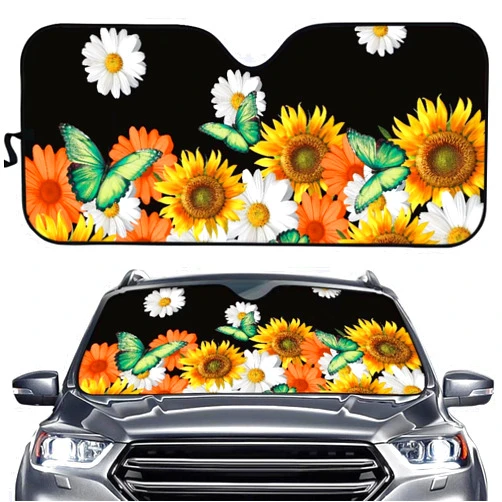 HUISEFOR Butterfly Daisy Sunflower Sun Windshield Shade for Car, Retractable Car Sun Shade, Prevent UV Rays Automotive Windshield Sunshades Protector Universal for Most Cars Vans Trucks