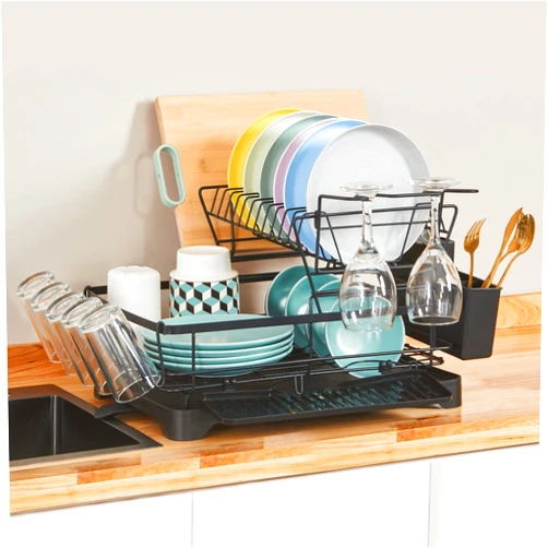 OnBrand 2-Tier Dish Drying Rack for Kitchen Counter, Anti-Rust Dish Drying Rack with Drainboard, Large Capacity Dish Rack with Glass Cup Holder and Utensil Holder, Effective Drainage Dish Rack with Bowl Rack
