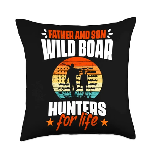 Wild Boar Grunt Tracker Father and Son Funny Wild Boar Hunt for A Hog Hunter Throw Pillow, 18x18, Multicolor