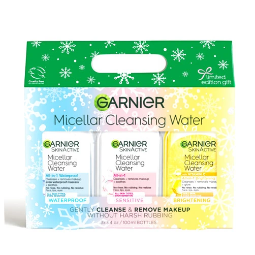 Garnier SkinActive Micellar Holiday Skincare Gift Set, Includes 3 Travel Size Micellar Water Formulas, 100ml Original Micellar Water, Waterproof Micellar Water and Vitamin C Micellar Water, 1 Kit