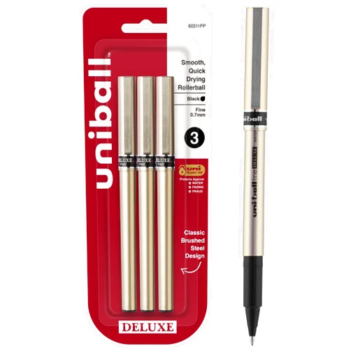 Uni-Ball Uniball Deluxe 0.7mm Fine Point Rollerball Pen, 3 Black - Smooth Writing, Waterproof Ink, Office Supplies, Ballpoint Pen