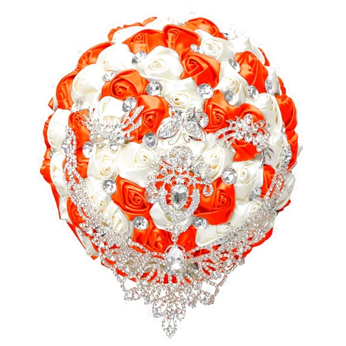 XINNI Brooch Bridal Wedding Bouquet Bride Bridesmaids Satin Rose Flower Bouquet with Bling Drop-Shaped Rhinestone for Wedding Orange and Ivory