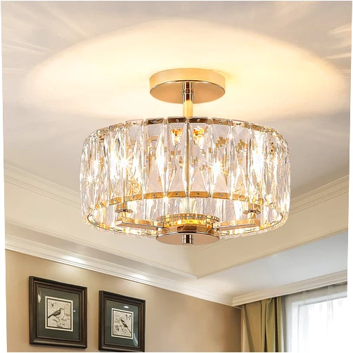 Gopmmy K9 Crystal Gold Chandelier Ceiling Lighting, 3-Lights Modern Mini Semi Flush Mount Pendant Lamp Fixture with E12 Bulb Base for Living Room Hallway Dining Bedroom (H10.4 x D12.5)