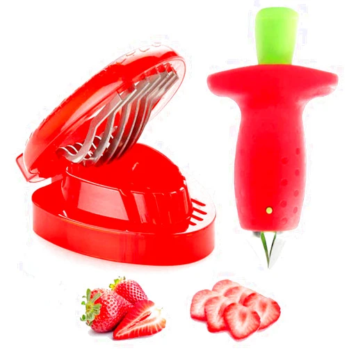 PRDGIRL Strawberry Huller Fruit Slicer Set, Berry Stem Leaves Huller Gem Remover Removal Fruit Peeling Tool Kitchen Gadgets Corer Easy for Remove Strawberry Tomatoes and Stem Tool (2PCS)