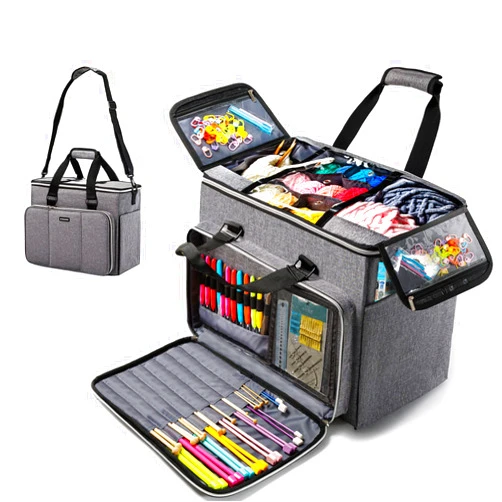 MYBAGZING Knitting Bag, Large Yarn Storage Organizer, Crochet Bags and Totes, Yarn Bags for Crocheting, Yarn Holder Case for Knitting Needles, Crochet Hooks, Knitting Accessories, Unfinished Project, Grey.