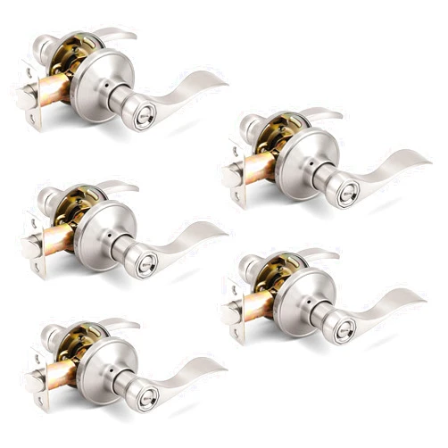 Gobrico 5 Pack Interior Privacy Satin Nickel Door Handles, Bed and Bath Drop Door Levers Without Key, Reversible Zinc Alloy Brushed Nickel Door Knobs
