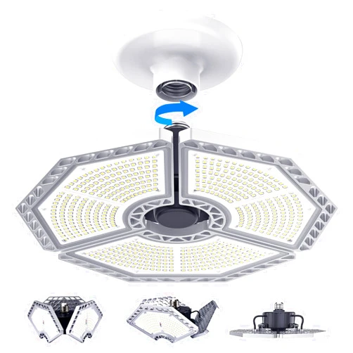 KERNOWO LED Garage Lights, 140W 18500 Lumens Garage Lighting, 6000K Daylight with Deformable Three Panels Garage Ceiling Light Fixture E26/E27 Triple Glow LED Shop Light for Garage Basement Workshop Warehouse