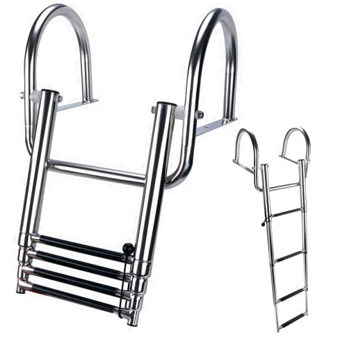 Hoffen 4 Step Pontoon Boat Ladder, Stainless Steel Telescoping Folding Boat Ladder Rear Entry Heavy Duty Custom Inboard Swim Ladder, Deck Ladder with Pedal and Safe Handrails (4 Steps Ladder)