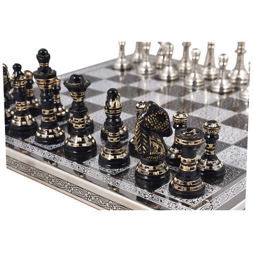 Royal Chess Mall Staunton-Inspired Chess Set with Board, Antique Brass Metal Chess Set, Black and Silver, 12-in by 12-in, Luxury Chess Set with 2.7-in King, Chess Pieces Included