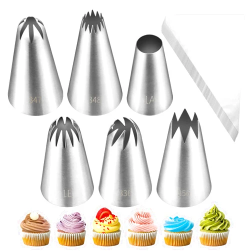 Ullnosoo Large Piping Tips, 6 Pcs Stainless Steel Frosting Tips Set with 10 Disposable Pastry Bags, Large Icing Cupcake Decorating Tips for Pastry Cake