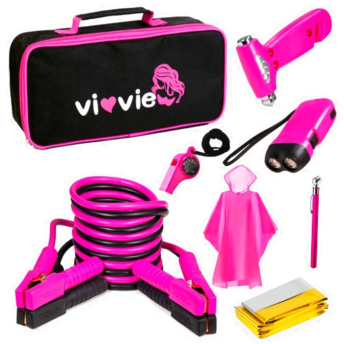 Vioview Roadside Emergency Car Kit for Vehicles, Car Safety Kit with Jumper Cables, Safety Hammer, Pink Car Accessories Road Trip Essentials Assistance Kit for Teen Girls Women
