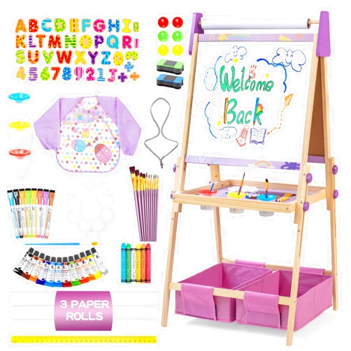 Bpmfkid 3-in-1 Adjustable Kids Art Easel Set, Height Adjustable Magnetic Whiteboard & Chalkboard with Painting Paper Roll, Wooden Dual-Sided Art Station for Toddlers & Children Ages 3+, Art Supplies Included