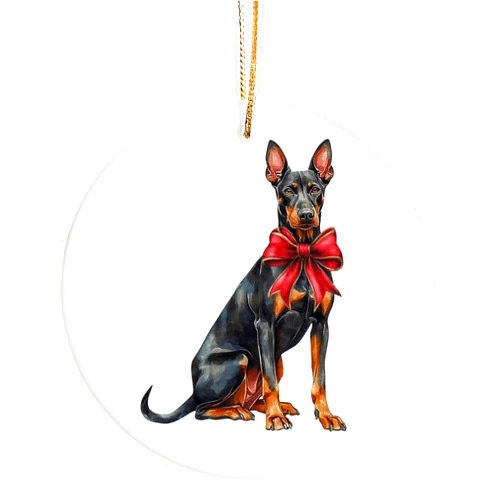Mancheng-zi Doberman Ornament, Dobie Dog Christmas Xmas Ornaments Decorations, Doberman Gifts, Red Bow Dobie Dog Decorative Hanging Ceramic Ornament for Christmas Tree Window