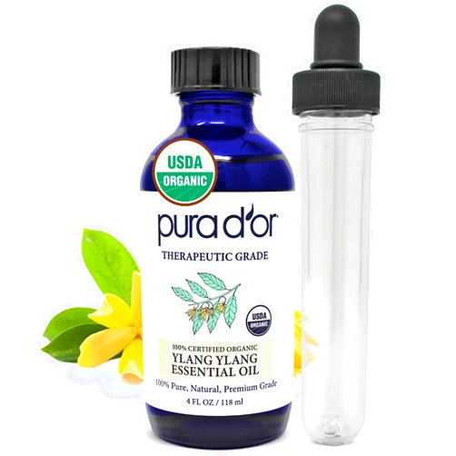 PURA D'OR Organic Ylang Ylang Essential Oil (4oz with Glass Dropper) 100% Pure & Natural Therapeutic Grade for Hair, Body, Skin, Aromatherapy Diffuser, Relaxation, Massage, Mood, Antioxidant Support
