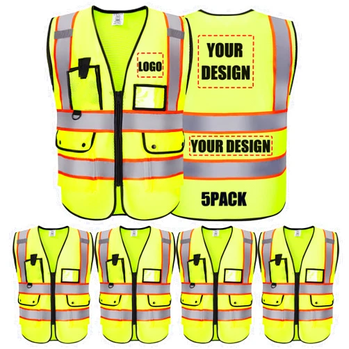 Shmimy Custom Logo Safety Vest Customize Class 2 Visibility Reflective Vests Bulk with Pockets and Zipper