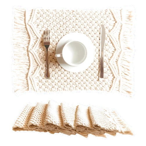 SnugLife Macrame Placemats Set of 6 - Handmade Cotton Woven Boho Placemats - Modern Farmhouse Fringe Placemats for Dining Table, Kitchen, Bohemian Wedding Décor, Rustic Natural Off White, 12”x20”