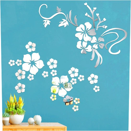 Epakh 53 Pieces 3D Acrylic Mirror Floral Wall Sticker 3D Sakura Mirrors Wall Sticker Adhesive Removable Silver Mirrors Decal 3D Flower Art Decor Decal for Living Room Bathroom Office Dorm Windows Doors