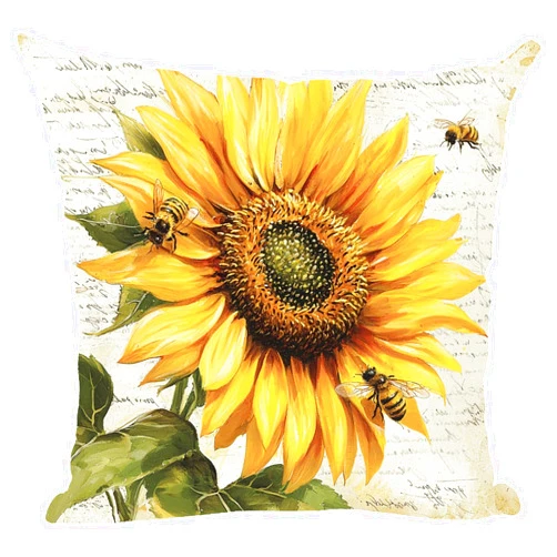 Ramirar Ink Oil Painting Watercolor Orange Sunflowers Honeybees Bees Summer Decorative Throw Pillow Cover Case Home Living Room Bed Sofa Car Cotton Linen Square 18 x 18 Inches