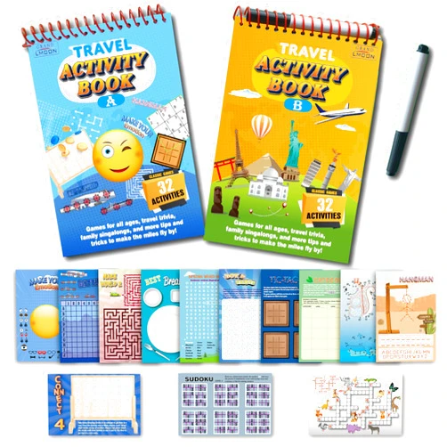 GRANDLMOON 2 Pack Reusable 32 Activity Game Mats Pads with Dry Erase Marker as Travel Toy & Learning Tool for Ages 6-12 (9”X 6”)