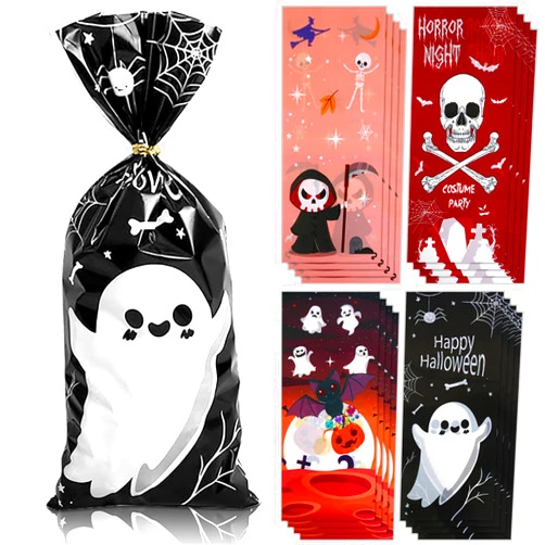 Bnsikun 100PCS Halloween Cellophane Bags Halloween Clear Cellophane Candy Gift Treat Bags with 100 Twist Ties for Halloween Party Favors Supplies Bags
