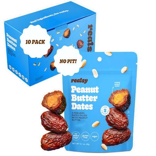 Realsy Peanut Butter Filled Medjool Dates, Organic Dates with No Sugar Added, Gluten-Free, Vegan, Good Source of Fiber, Low Glycemic Index, All Natural Healthy Snack, (10 Pack)