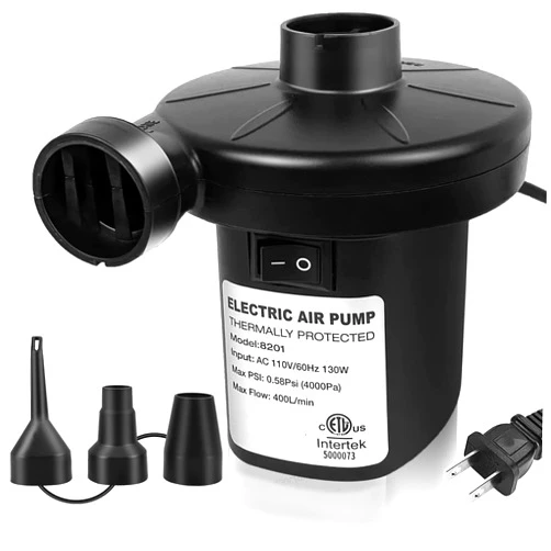 ONG NAMO Electric Air Pump for Inflatables, Quick Plug in Pump with 3 Nozzles for Air Mattress Inflatable Electric Pool Air Pump Float Pump AC Pump 130W