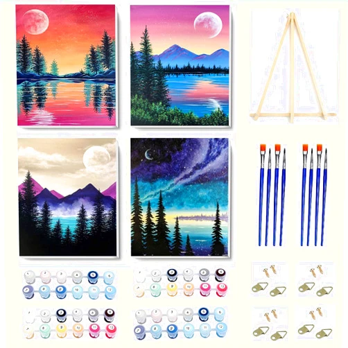 VIGEGU 4 Pack Paint by Numbers Kit for Adults Framed Canvas - with Wooden Easel,Adults' Paint-by-Number Kits Moon Lake Tree Mountain DIY Acrylic Landscape Oil Painting Arts Crafts 7.8x11.8inch