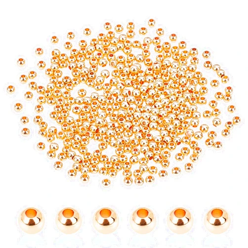PH PandaHall 3mm 14K Gold Spacer Beads, 300pcs Mini Smooth Round Beads Seamless Ball Beads Small Brass Loose Beads Metal Beads for Summer Hawaii Layered Necklace Bracelet Jewelry Making