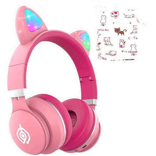 ONXE Kids Bluetooth Headphones, ONXE Cat Ear LED Light Up Wireless Foldable Headphones Over Ear with Microphone and Volume Control for iPhone/iPad/Smartphones/Laptop/PC/TV (Pink) (Renewed)
