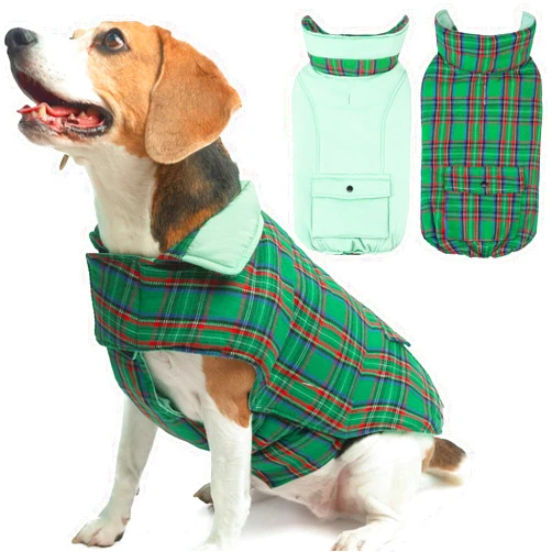 SCIROKKO Reversible Dog Winter Coat, Waterproof Dog Jacket Cold Weather Coats British Style Plaid Soft Snow Vest for Small Medium Large Dogs, Green, L