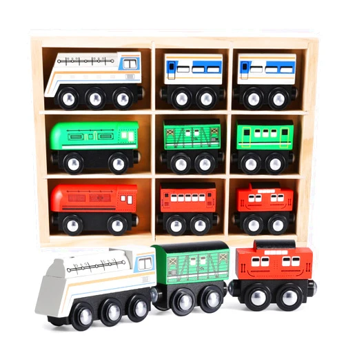 SainSmart Jr. 9 Pcs Wooden Train Set Magnetic Train Toys for Toddlers Kids Engine Vehicles Toy Train Cars for Boys Girls Compatible with Train Tracks
