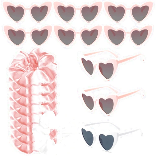 PLULON 9 Pairs Heart Shaped Sunglasses with 9 Pcs Satin Hair Scrunchies Bachelorette Party Heart Sunglasses Bulk