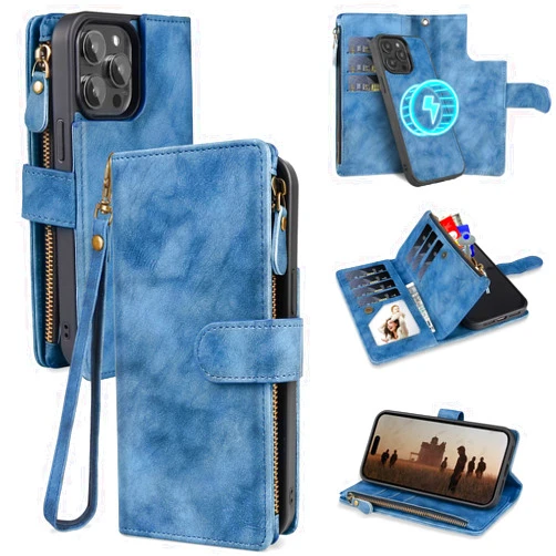 CASEOWL iPhone 14 Pro Max Case Wallet [Support Magsafe Charger] Magnetic Detachable Flip Leather Wallet Case with 10 Card Slots[RFID Blocking], Zipper Pocket, Kick-Stand, Hand Strap for Men Women,Blue