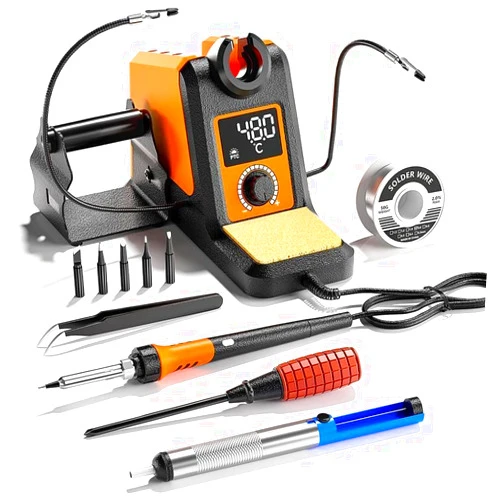 MEAKEST Digital Soldering Iron station Kit, 2 Auxiliary Clamps, 5 Soldering Iron Tips, Solder Wires, Solder Suckers, Stainless Steel Tweezers, and a Phillips Start, soldering station! (transformer))