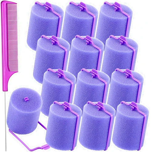Syhood 12 Pcs Jumbo Foam Sponge Hair Rollers 1.89 Inch Soft Sleeping Curlers Flexible Large Foam Rollers and Rat Tail Comb for Hair Styling(Purple)
