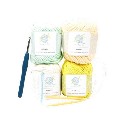 mindfulknits Beginner’s Knitting Kit with Knitting Needles, Yarn Needle & 100% Cotton Knitting Yarn (4) – Make Washcloths - Zen Beginners Basic Knitting Supplies Set for Relaxation & Stress Relief