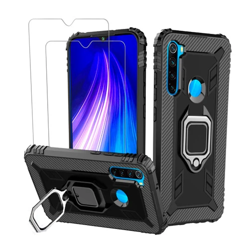 Avesfer for Xiaomi Redmi Note 8 Case with Screen Protector Tempered Glass Ring Holder 360 Degree Rotation Kickstand Shock Absorbing TPU Phone Cover Scratch Resistant Carbon Fiber (Black)
