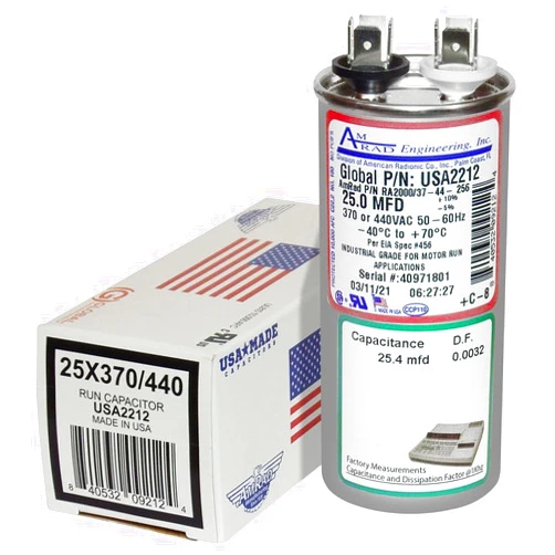 AMRAD ENGINEERING USA2212 Series Round USA-Made Motor Run Capacitor, 25 Mfd, 370/440 Vac-132327