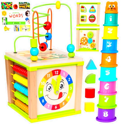 TOYVENTIVE Wooden Activity Cube, Montessori Toys, Multipurpose Educational Sensory Toy for 1-2 Year Old Baby, Toddler, Kid, Boy | Birthday Gift | Bonus First Words Book