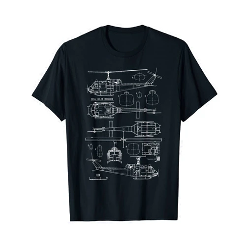 Aocys Bell UH-1 Huey Blueprint USA Veteran Military Aircraft Pilot T-Shirt