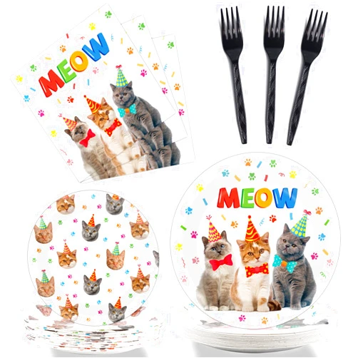 gisgfim 96 Pcs Cat Party Plates and Napkins Party Supplies Kitten Party Tableware Set Cartoon Cute Cat Party Decorations Favors for Girls Boys Birthday Baby Shower Serves 24