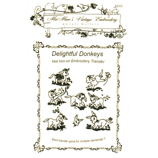 Mamaw's Vintage Embroidery Delightful Donkeys Hot Iron Embroidery Transfers