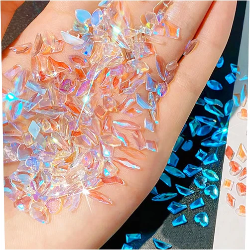 QIMYAR 100Pcs Mixed Shape Aurora Glass Crystal Nail Art Rhinestones Nail Gems Iridescent Clear Nude Flatback Rhinestone Diamonds Stone for 3D DIY Nails Art Crafts Jewelry Decoration (Aurora Transparent)
