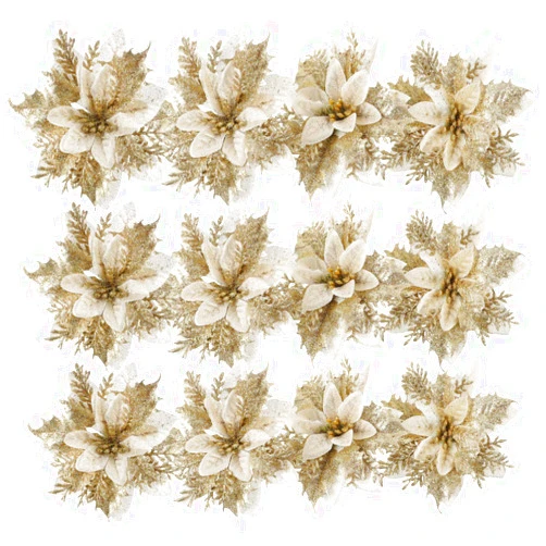 TOYANDONA 24 Pieces Christmas Poinsettia Decorations Glitter Artificial Christmas Flowers for Xmas Tree Ornaments （Golden）