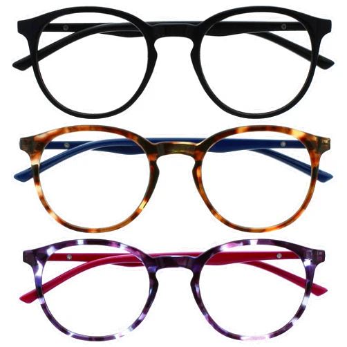 OPULIZE Met - Reading Glasses with Blue Light Blocking 3 Pack Round Frame Scratch Resistant Spring Hinges Mens Womens BBB60